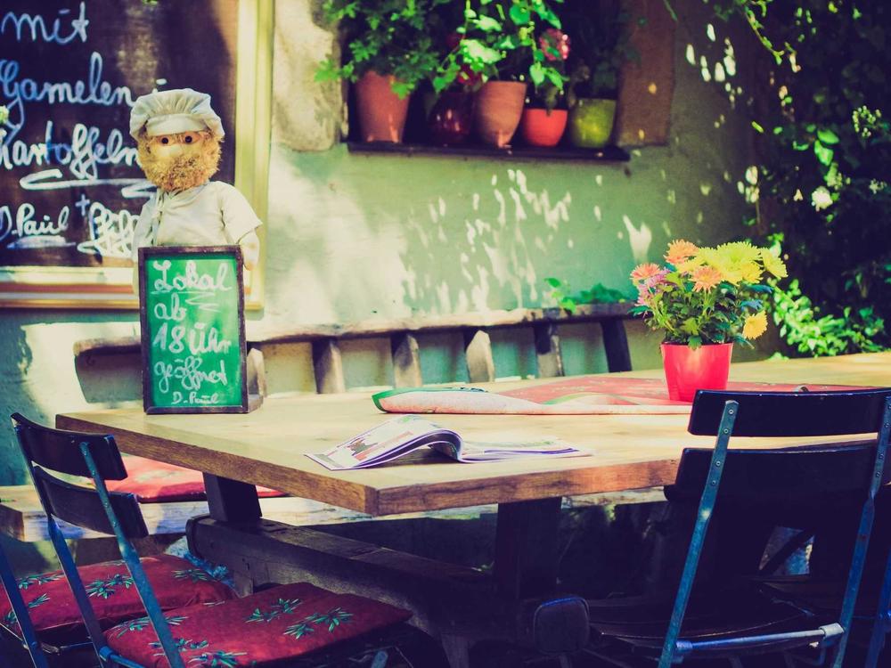 A bright workshop interior with plants, timber benches and hanging lamps